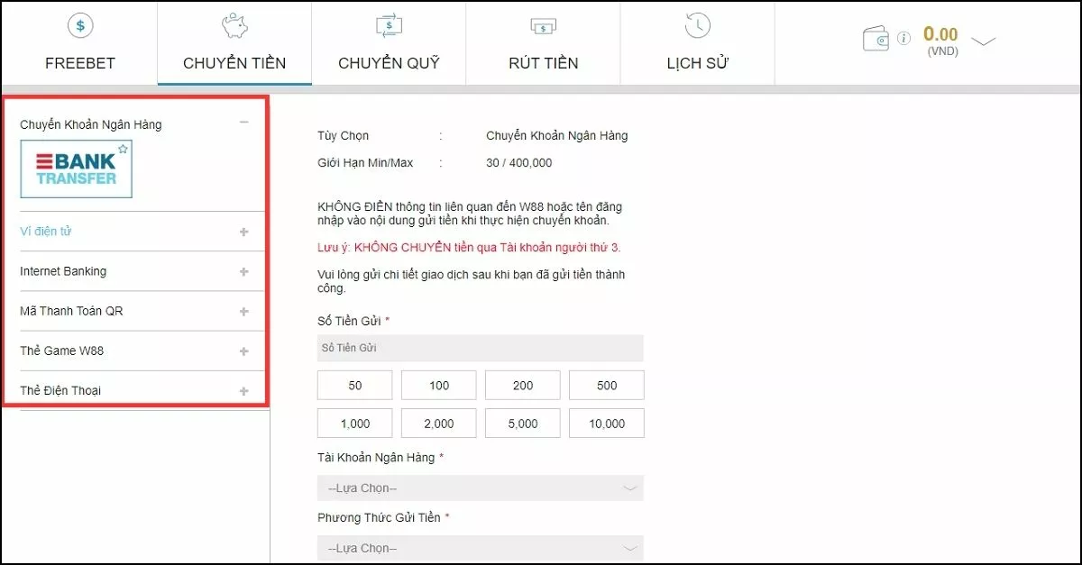 Hướng dẫn nạp tiền W88 cực dễ với 3 bước 2 Các phương thức nạp tiền W88