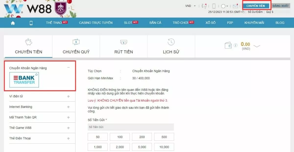 Hướng dẫn nạp tiền W88 cực dễ với 3 bước 3 Chọn hình thức nạp tiền W88 qua chuyển khoản ngân hàng