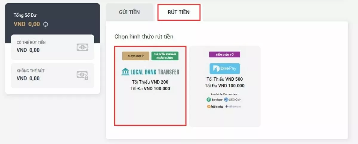 Rút tiền M88 - Cách rút tiền về tài khoản trong 5 phút 3 Chọn hình thức rút tiền M88 qua ngân hàng