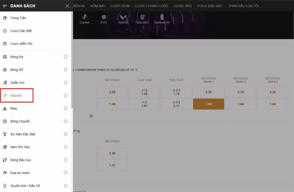 Chọn sản phẩm esport để tham khảo trận đấu