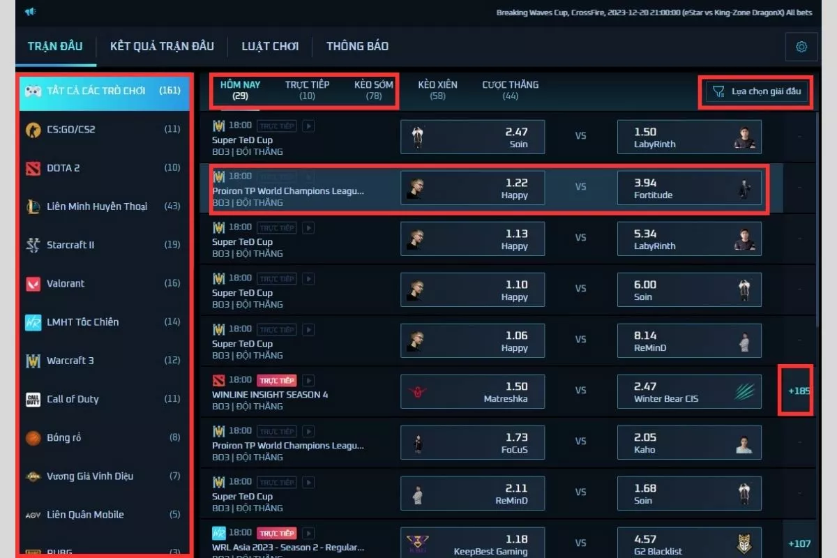 Chọn sảnh trò chơi Esport JBO và tham khảo trận đấu