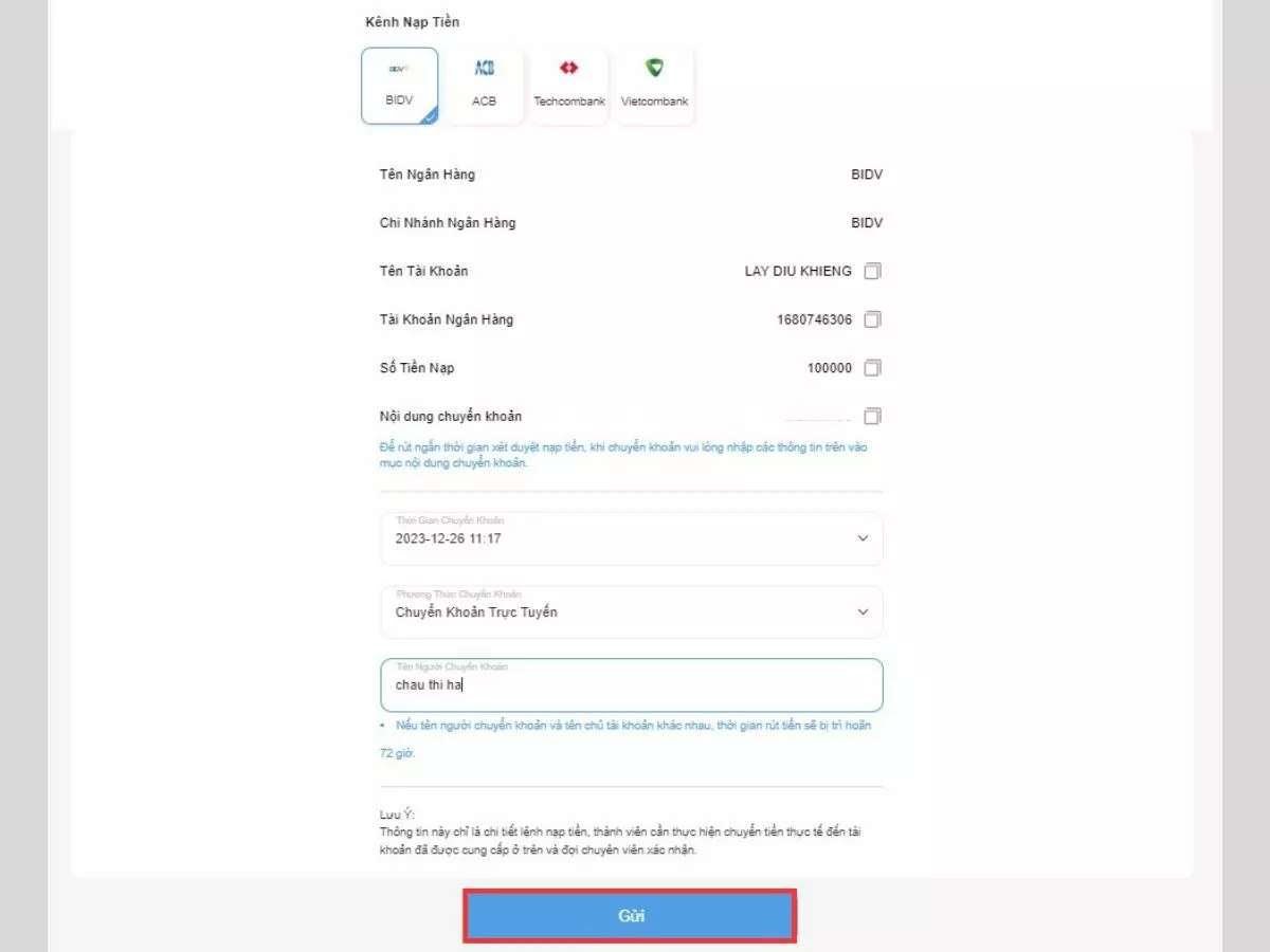 Cách nạp tiền 8xBet siêu nhanh cho tân binh 5 Chuyển khoản và thực hiện lệnh khai báo nạp tiền 8xbet