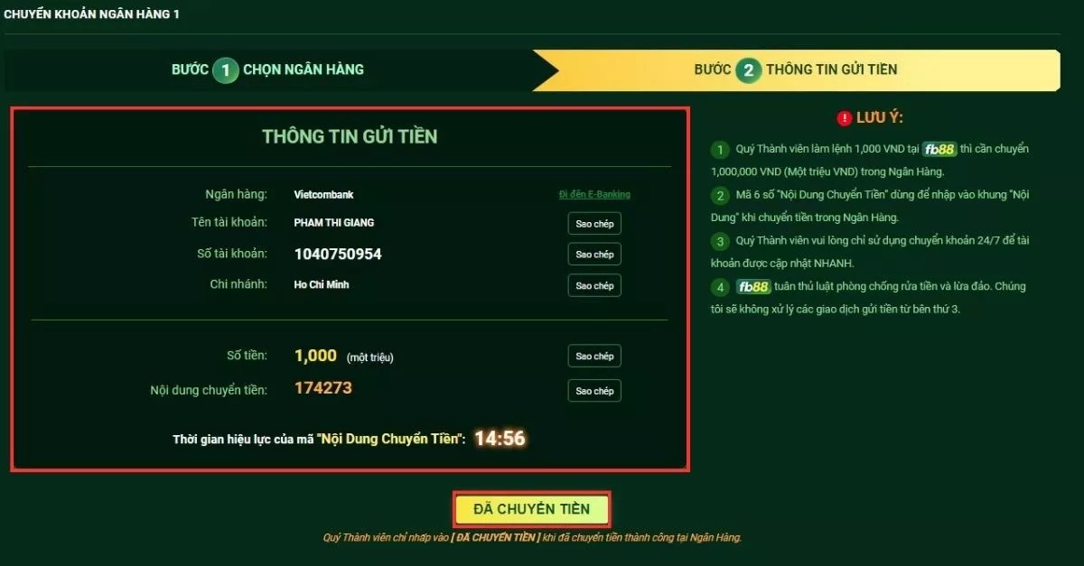 Nạp tiền Fb88 lên tài khoản thành công 100% 6 Chuyển tiền vào tài khoản Fb88 theo thông tin