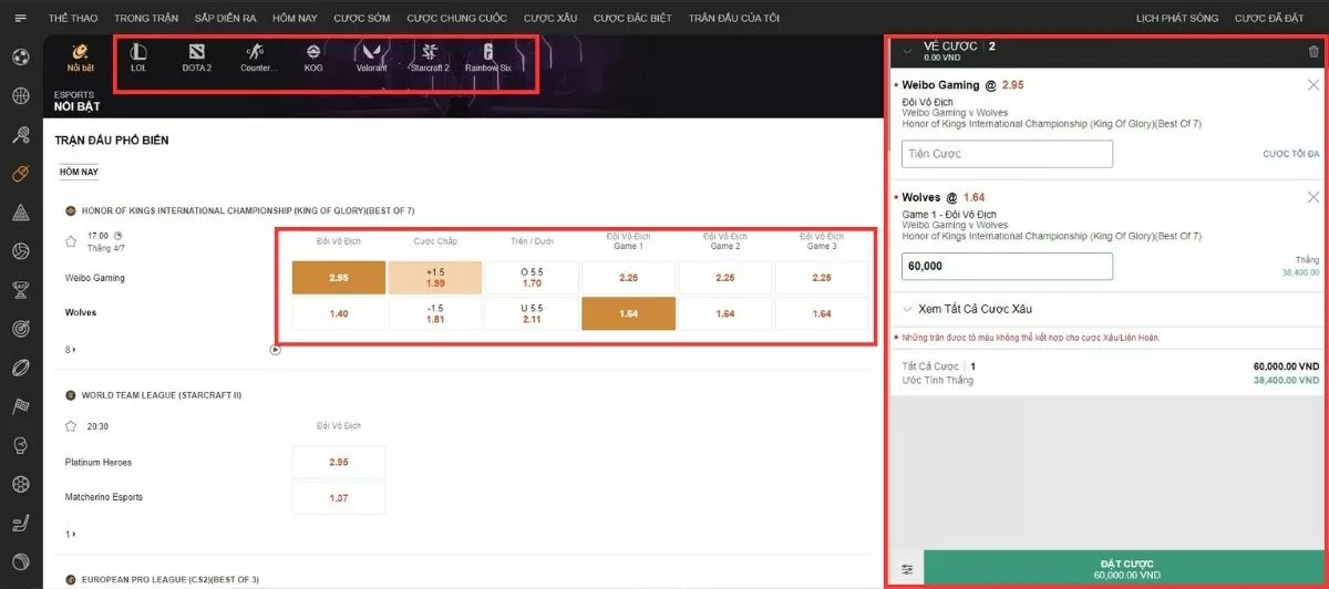 Đặt cược Esport 188bet