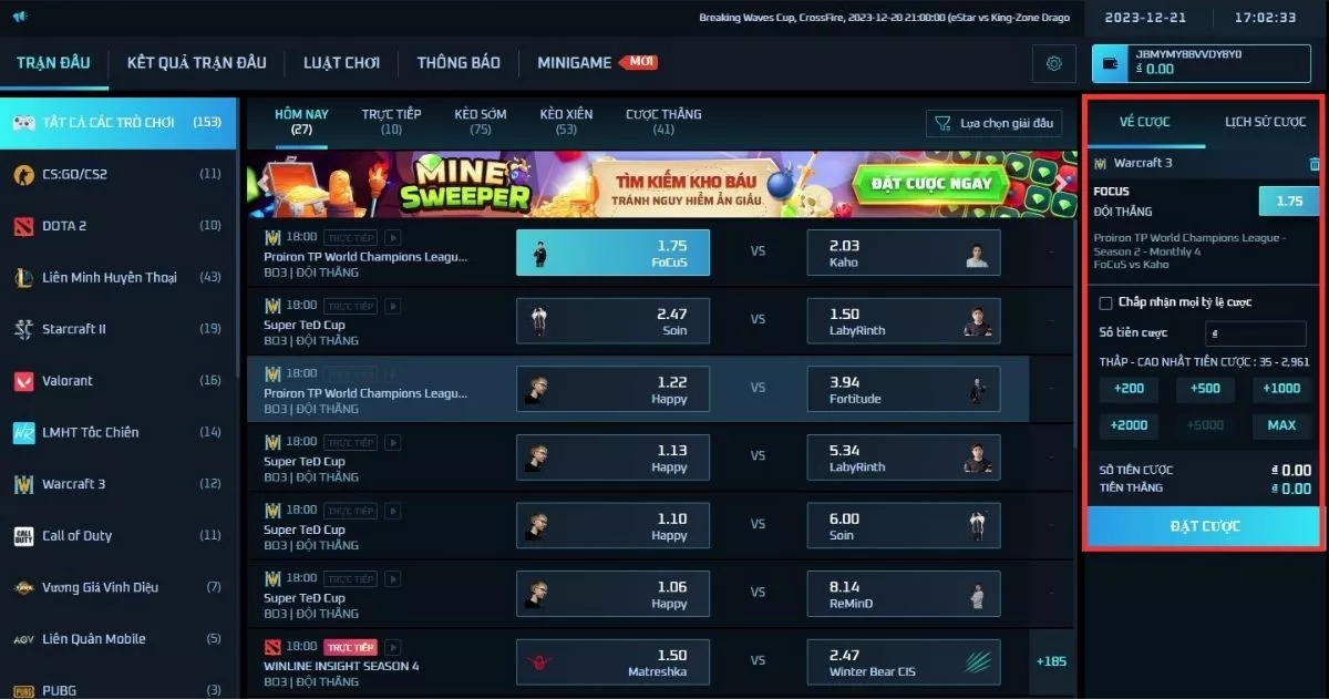Đặt cược vào Esport JBO