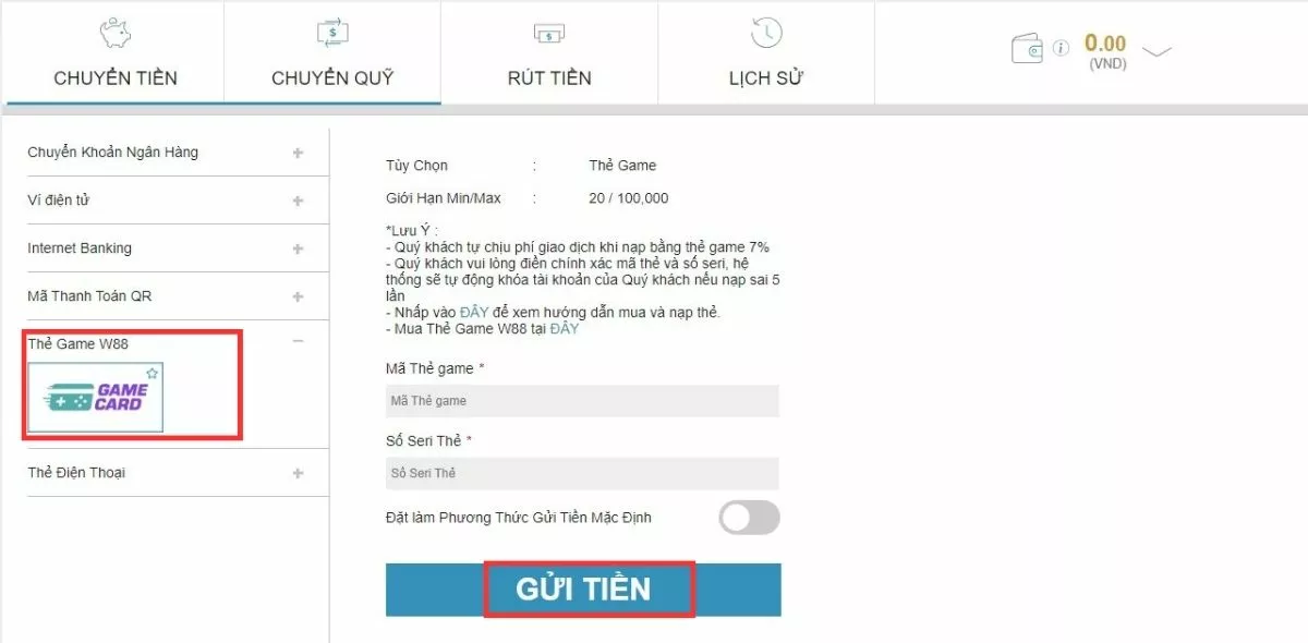 Hướng dẫn nạp tiền W88 cực dễ với 3 bước 9 Nạp tiền W88 qua thẻ game
