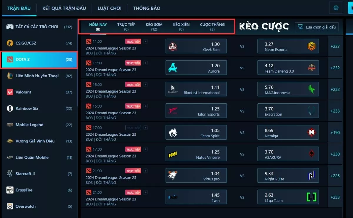 Khám phá cách chơi Dota 2 Fun88 chi tiết dành cho tân thủ 3 Chọn trận đấu và kèo cược dota 2 Fun88
