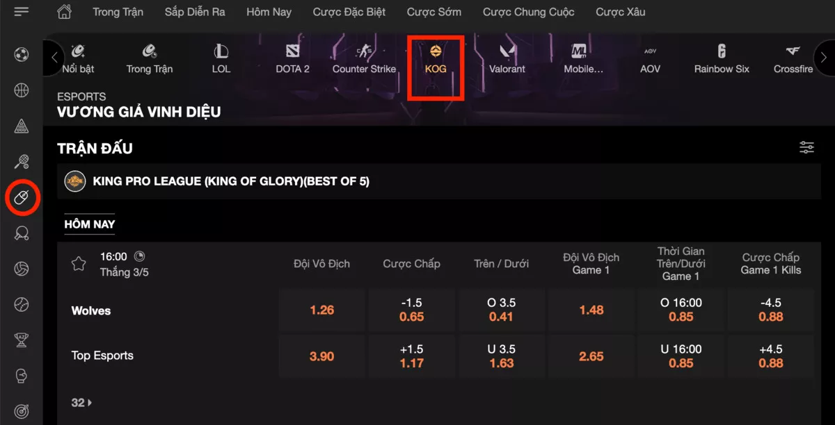 Cá cược KOG là gì? Cách chơi cá cược Vương Giả Vinh Diệu chuẩn 4 Đến sảnh chơi Esport chọn game KOG