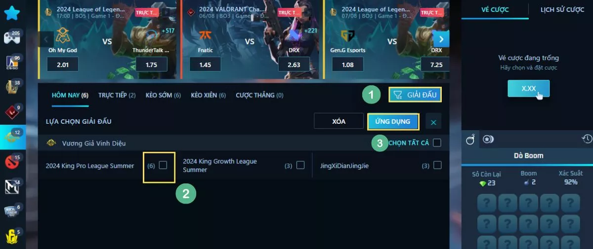 Vương Giả Vinh Diệu 8xBet - Cá cược dễ dàng ăn thưởng hấp dẫn 4 Tìm các trận đấu trong giải đấu Vương Giả Vinh Diệu 8xBet quan tâm