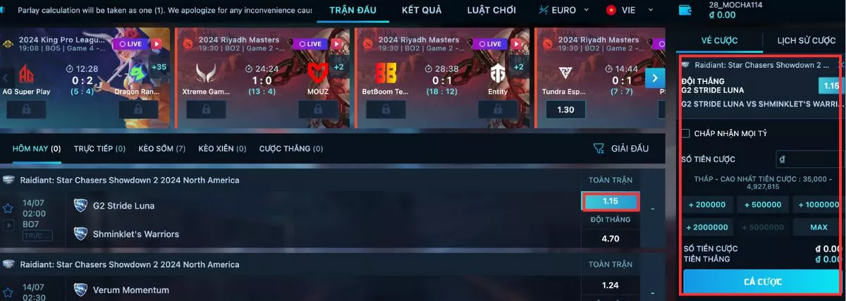 Rocket League 8xBet | Hướng dẫn quy trình đặt cược nhanh chóng 4 Chọn kèo cược và tiến hành đặt cược Rocker League 8xBet